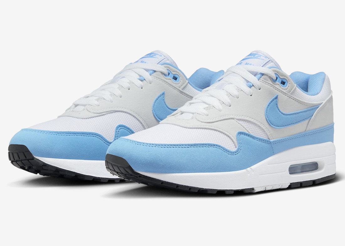 Nike Air Max 1 University Blue FD9082-103 pair photo with Swooshes on the sides and Nike branding on the tongue tags