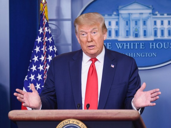 President Donald Trump delivers remarks at a press briefing about the economy and jobs numbers.