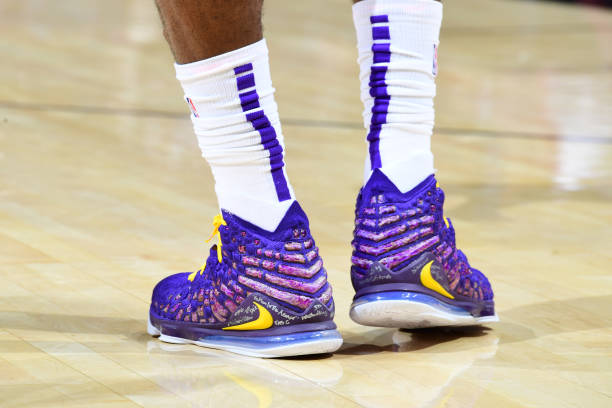 the-sneakers-of-lebron-james-of-the-los-angeles-lakers-are-worn-a-picture-id1188983026