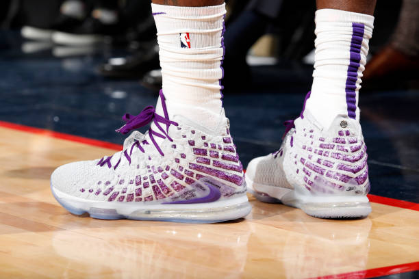 the-sneakers-of-lebron-james-of-the-los-angeles-lakers-during-a-game-picture-id1185090657