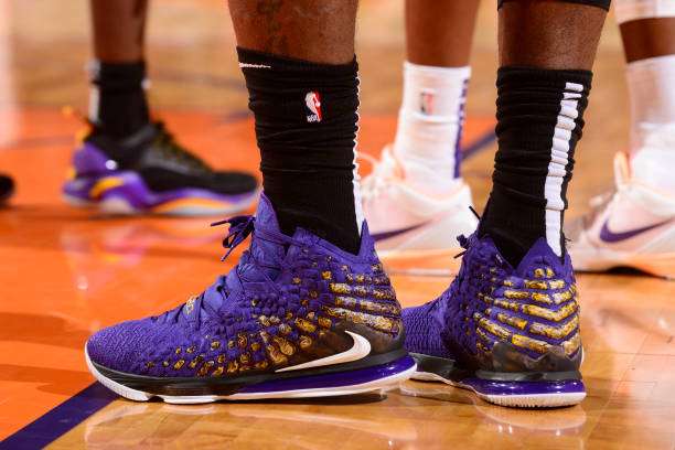 the-sneakers-of-lebron-james-of-the-los-angeles-lakers-during-the-picture-id1182061953