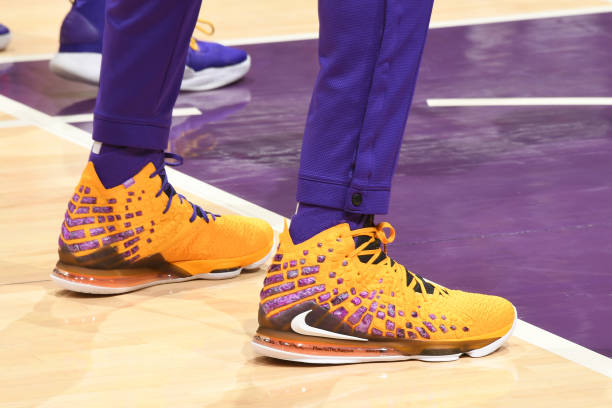 the-sneakers-worn-by-lebron-james-of-the-los-angeles-lakers-against-picture-id1182199352